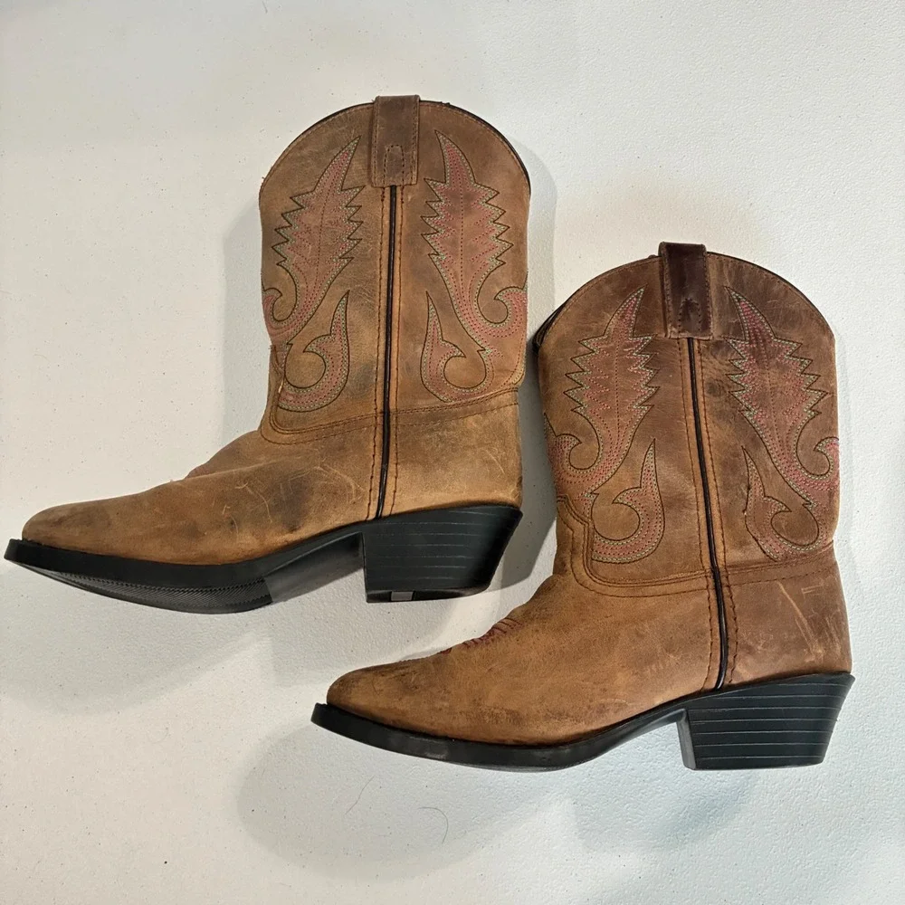 Smoky Mountain Cowboy Boots Girls 2.5 Brown Leather Western Pink Stitch 3531C